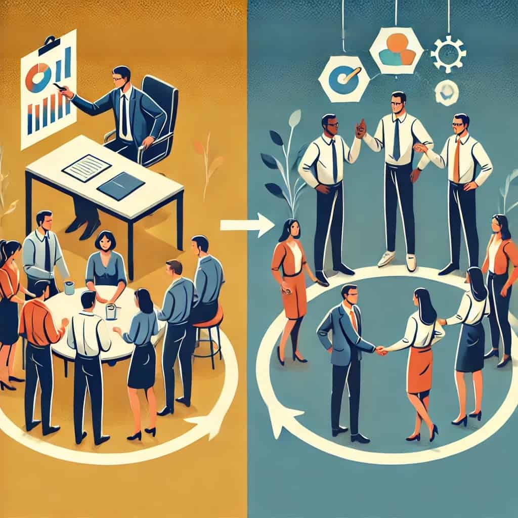 A business leader extending a hand to a team member in a gesture of trust, with other team members working collaboratively in the background. The setting is a modern office space, with the team engaged in a creative brainstorming session, using whiteboards or sticky notes. The lighting should be warm and inviting, symbolizing a positive and supportive work environment. The leader’s facial expression should convey confidence and encouragement, while the team members appear motivated and engaged.